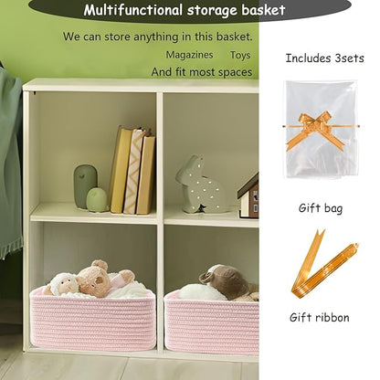 COMFY-HOMI 13" x 8.5" x 5.1" Storage Baskets for Organizing | Cotton Rope Woven Basket | Toy Storage Bin Box | Basket for Shelves, Closet Organizer Bin, Decorative Closet Shelf, 1 Pack, All pink