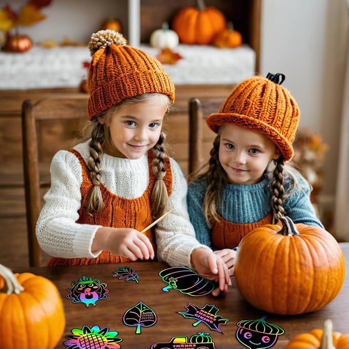 JULMELON 36Pcs Thanksgiving Arts and Crafts for Kids, Fall Leaves Pumpkin Turkey Magic Rainbow Scratch Paper Art for Kids School Classroom Activity Autumn Harvest Thanksgiving Party Favors Gifts