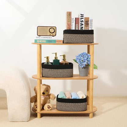 MiniArk Small Storage Baskets for Organizing | Closet Organizer Bins | Shelf Toy Basket | Woven Rope Baskets | Cube Decorative Box | Shallow Basket | 11.5x7.5x4.7” | 3 Packs Black Brown