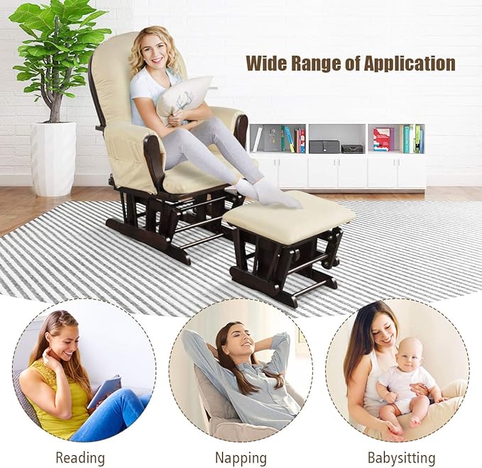 Costzon Nursery Glider with Ottoman, Upholstered Comfort Glider Rocker with Padded Cushion, Storage Pocket, Solid Wood Base, Rocking Chair Nursery for Breastfeeding, Maternity, Napping (Beige)