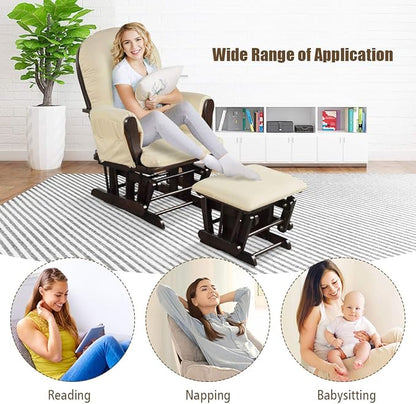 Costzon Nursery Glider with Ottoman, Upholstered Comfort Glider Rocker with Padded Cushion, Storage Pocket, Solid Wood Base, Rocking Chair Nursery for Breastfeeding, Maternity, Napping (Beige)