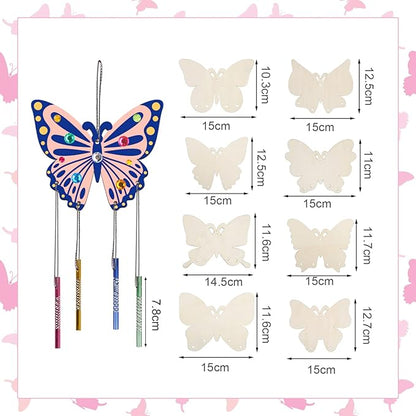 Fennoral 8 Pack Butterfly Wind Chime Kits for Kids Make Your Own Butterfly Wind Chimes Wooden Arts and Crafts Ornaments DIY to Paint Butterfly Craft for Fall Art Activity Birthday Decoration