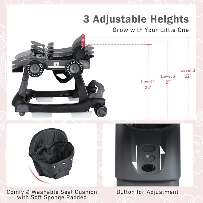 BABY JOY 4-in-1 Baby Walker, Foldable Activity Walker with Adjustable Height & Speed, Music, Lights, Anti-Rollover, Toddler Push Walker, Baby Walker with Wheels for Boys Girls 6-18 Months (Gray)