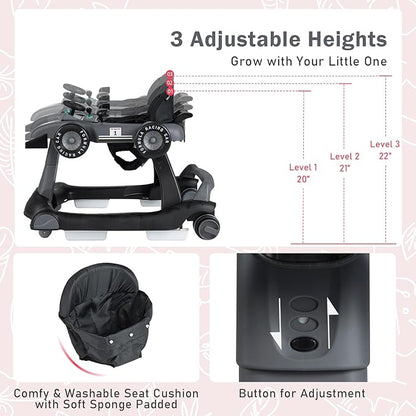 BABY JOY 4-in-1 Baby Walker, Foldable Activity Walker with Adjustable Height & Speed, Music, Lights, Anti-Rollover, Toddler Push Walker, Baby Walker with Wheels for Boys Girls 6-18 Months (Gray)