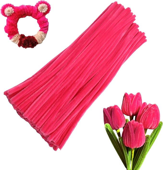 Swpohrat 100 Pieces Rose Red Pipe Cleaner Craft Set,Thick Fuzzy Chenille Stem Pipe Cleaners for DIY Craft Projects and Decorations