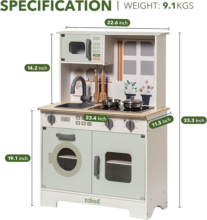 ROBUD Play Kitchen for Kids, Wooden Kids Kitchen Playset with Lights & Sounds, Pots, Cookware, Pretend Kitchen Gift for Boys Girls, Green Modern Look, Age 3+