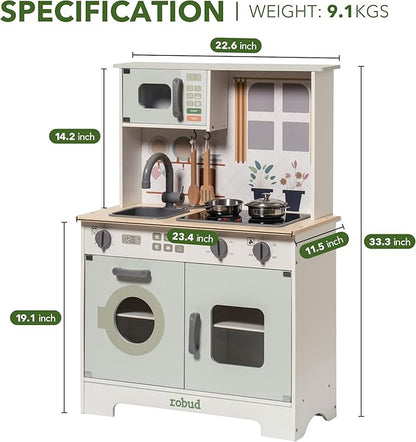 ROBUD Play Kitchen for Kids, Wooden Kids Kitchen Playset with Lights & Sounds, Pots, Cookware, Pretend Kitchen Gift for Boys Girls, Green Modern Look, Age 3+