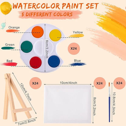 Glenmal Watercolor Paint Sets 3 x 4 Small Painting Canvas with Easel Paints Brush Set Kids Art Party Favors and Party Supplies Washable Watercolor Bulk for Kids Birthday Prizes (24 Sets)