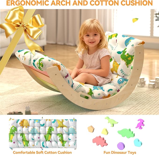 Pikler Triangle Set with Cushion 9 in 1 Climbing Toys for Toddlers 1-3 Indoor Baby Gym Toddler Montessori Toys Wooden Climbing with Maze, Shape Sorting, Dinosaur Car