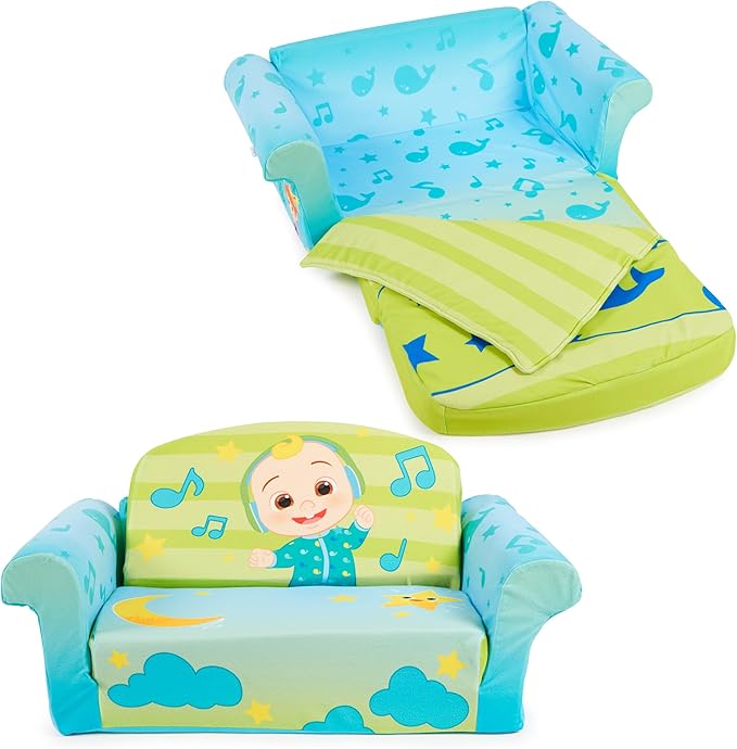 MARSHMALLOW Furniture, Cocomelon 3-in-1 Slumber Sofa Baby Lounger, Convertible Kids Couch, Sofa Bed & Foam Toddler Nap Mat with Attached Blanket