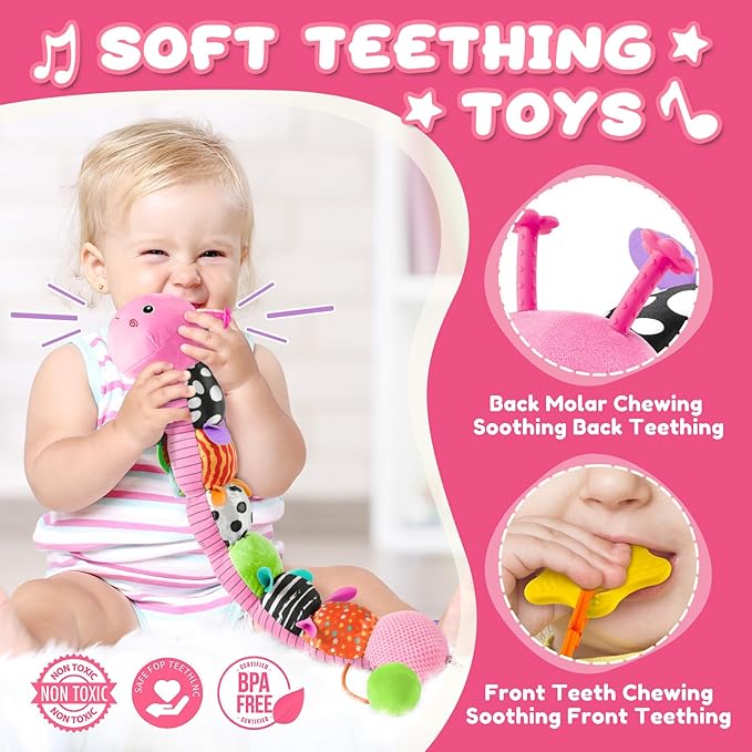 AWOTOY Baby Toys 0-6-12 Months,Musical Caterpillar Stuffed Animals Activity Infant Toys with Crinkle,Rattles,Mirror&Pull String,Muti-Sensory Toys Gifts for Newborn Tummy Time,Candy Pink|Leafy