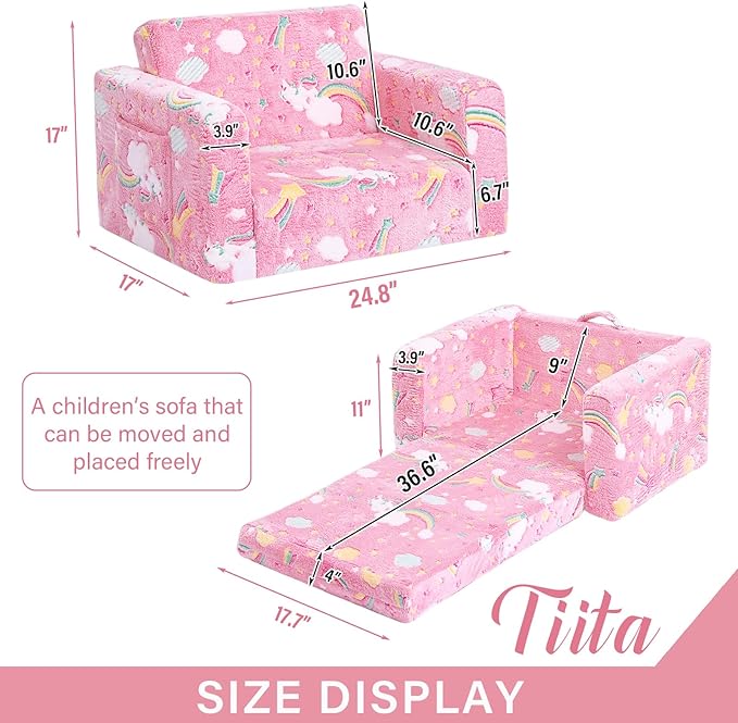 Tiita Kids Chair Couch, Folding Toddler Comfy Sofa Chairs, 2-in-1 Kids Plush Sofa Fold Out, Baby Armrest Chair Sofa to Lounger, Convertible Play Sofas to Bed for Girl or Boy, Pink Rainbow