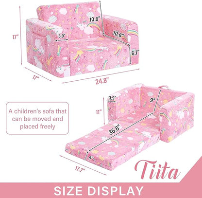 Tiita Kids Chair Couch, Folding Toddler Comfy Sofa Chairs, 2-in-1 Kids Plush Sofa Fold Out, Baby Armrest Chair Sofa to Lounger, Convertible Play Sofas to Bed for Girl or Boy, Pink Rainbow