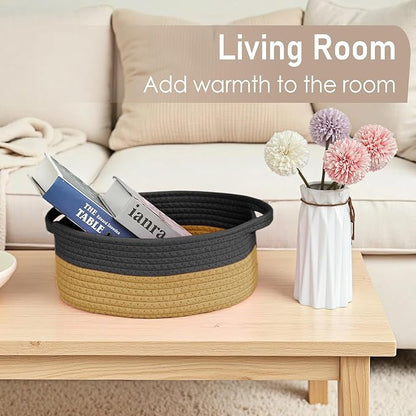 JMvicyroam Woven Basket,Small Rope Storage Bin with Handles & Ribbon Bag, Organizer for Shelves Closets,Gift Basket Empty for Birthday,Books,Dog Toys, Black&Jute