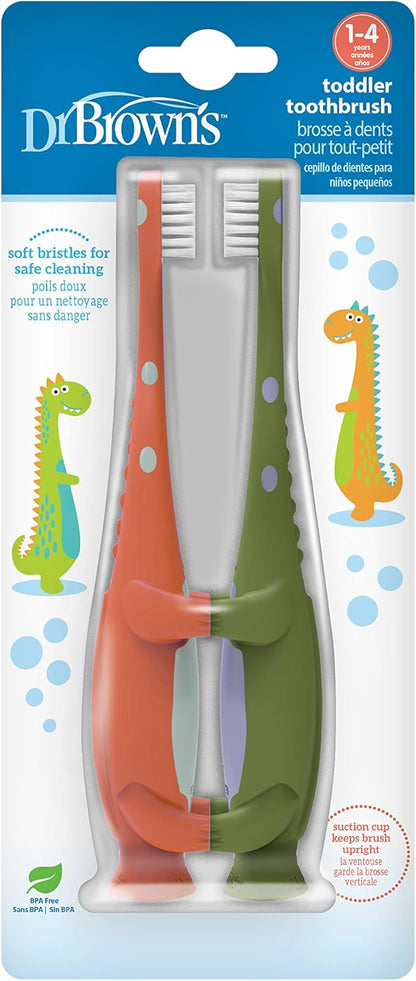 Dr. Brown's Toddler Toothbrush, Dinosaur, Green and Orange, 2-Pack