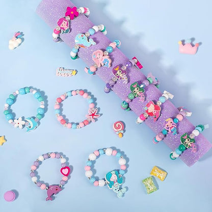 Kids Bracelets Mermaid Party Favors - 12 Pack Cute Toddlers Little Girls Ocean Wooden Beaded Bracelets, Costume Play Jewelry Princess Birthday Goodie Bag Stuffers Pinata filler Classroom Prize Gifts