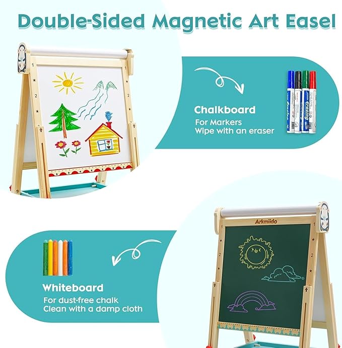 Children's Art Easel with Paper Roll,Double-Sided Whiteboard&Chalkboard,Adjustable Magnetic Standing Easel with Numbers and Other Accessories,Painting Easel for Girls Boys