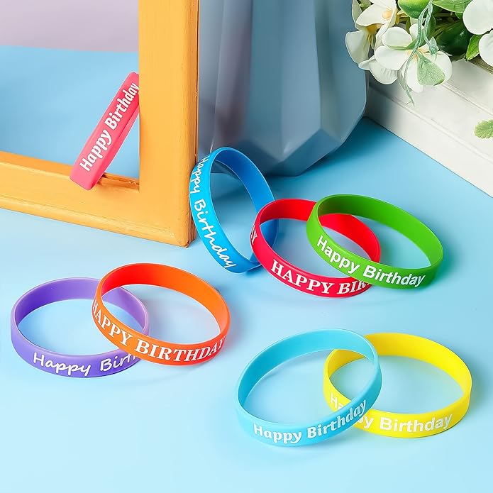 Sratte 120 Pcs Happy Birthday Rubber Bracelets for Kids Stretch Wristbands Bulk Birthday Bracelets for Classroom Student Back to School Gift Teacher Birthday Party Favors Supplies
