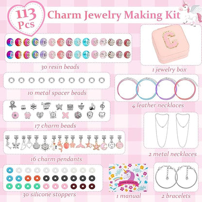 110 Charm Bracelet Making Kit, Jewelry Making Kit for Girls DIY Bead Necklace Kit with Initial Bracelet Box Unicorns Crafts Arts Girls Toys Age 8-12 Birthday Valentines Day Gifts for Kids - C