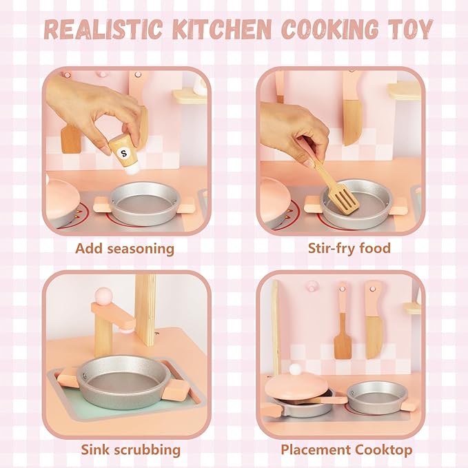 Wooden Pink Kitchen Playset,Kids Play Kitchen Utensils, Accessories for Pretend Play Kitchen Set, Montessori Learning Toy, Pretend Cooking Playset, for 3+ Girls