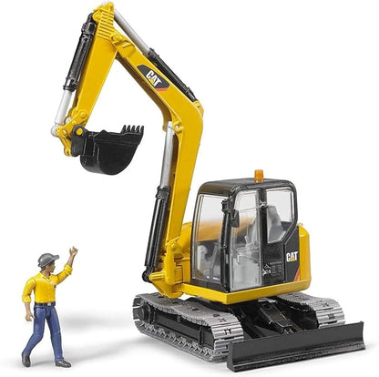 Bruder CAT Mini Excavator Construction Digger Toy with Worker, 1:16 Scale, Realistic Working Parts