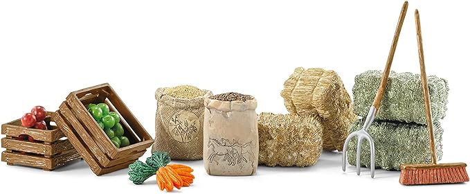 Schleich Horse Club 14pc. Toy Feed and Accessory Set for Horses and Animals - Detailed Hay, Straw, and Carrot Horse Feed, for Education and Imaginative Play for Girls and Boys, Gift for Kids Ages 5+