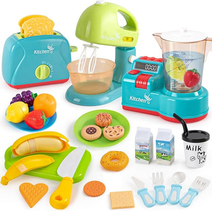 Golray 28pcs Play Kitchen Appliances Toy for Kids, Electric Mixer Toaster Blender with Light&Sound, Cutting Play Food, Pretend Kitchen Accessories, Toddler Birthday Gift Toy for Boy Girl 3 4-8 Year