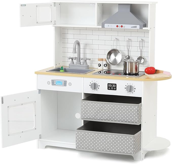 Play Kitchen for Kids, Wooden Kitchen Toy Playset with Stove, Oven, Sink and 17 Pcs Toy Food & Cookware Acces, Pretend Play Kitchen with 2 Fabric Drawers for Toddlers, Preschoolers Age 3+ Years, White