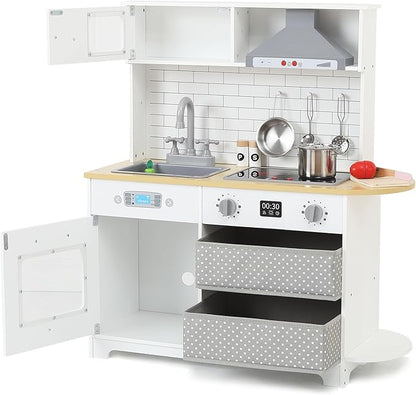 Play Kitchen for Kids, Wooden Kitchen Toy Playset with Stove, Oven, Sink and 17 Pcs Toy Food & Cookware Acces, Pretend Play Kitchen with 2 Fabric Drawers for Toddlers, Preschoolers Age 3+ Years, White