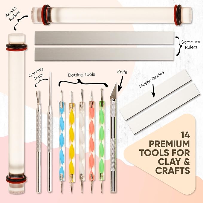 14 Pcs Clay Tools & Pottery Tools Kit, Polymer Clay Earring Making Kit with Acrylic Clay Roller and Thickness Rings Clay Cutters for Jewelry Making & Air Dry Clay Tools Set