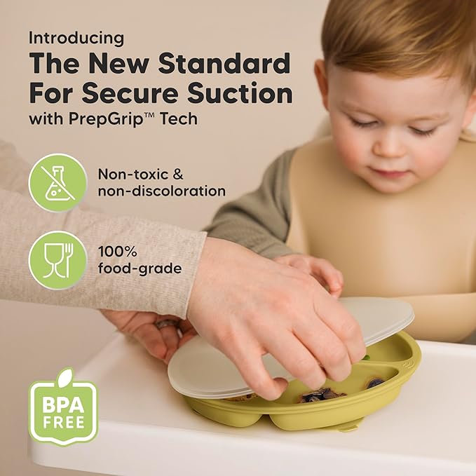 KeaBabies Suction Plates with Lids for Baby - 3-Pack 100% Silicone Suction Plates for Baby, Kids,Toddler Plates,Divided Baby Plates with Suction,Lids, BPA-Free, Microwave, Dishwasher Safe (Olives)