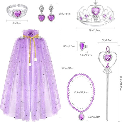 Fedio Princess Cape Set 7 Pieces Girls Princess Cloak with Tiara Crown, Wand for Little Girls Dress up (Purple)