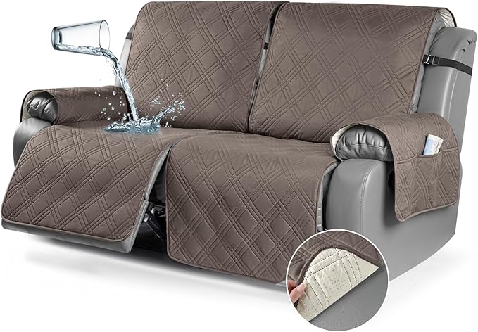 TAOCOCO 100% Waterproof Oversized Loveseat Recliner Cover, Non Slip Split Loveseat Covers for Reclining Loveseat with Elastic Straps for Kids Pets(Oversized 2 Seater, Taupe)