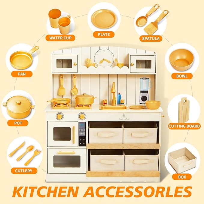 Play Kitchen for Kids, Wooden Play Kitchen with Fabric Storage Bins, Sink and Burner, Microwave Oven, Toy Kitchen Set with Plenty of Play Features Accessories, Gifts for Ages 3-8