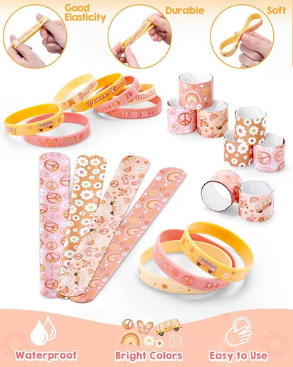Sinasasspel Groovy Party Favors Set for Kids Adults Hippie Boho Silicone Bracelets Slap Bracelets Assortment Hippie Party Supplies Daisy Birthday Decorations(24 Count)