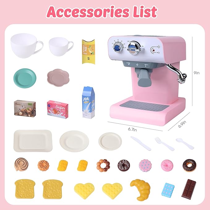 CUTE STONE Toy Coffee Set , Kids Coffee Maker Toy with Sound and Light, Realistic Steam, Play Kitchen Set with Play Food, Toddler Toy Kitchen Accessories for Girls Boys