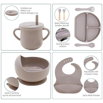 100% Silicone baby feeding set,BPA free Baby dishes set with Suction Bowl Divided Plate,Toddler Self Feeding Dish Set with Spoons Forks Sippy Cup And Bib, Baby Eating Utensils (Beige)