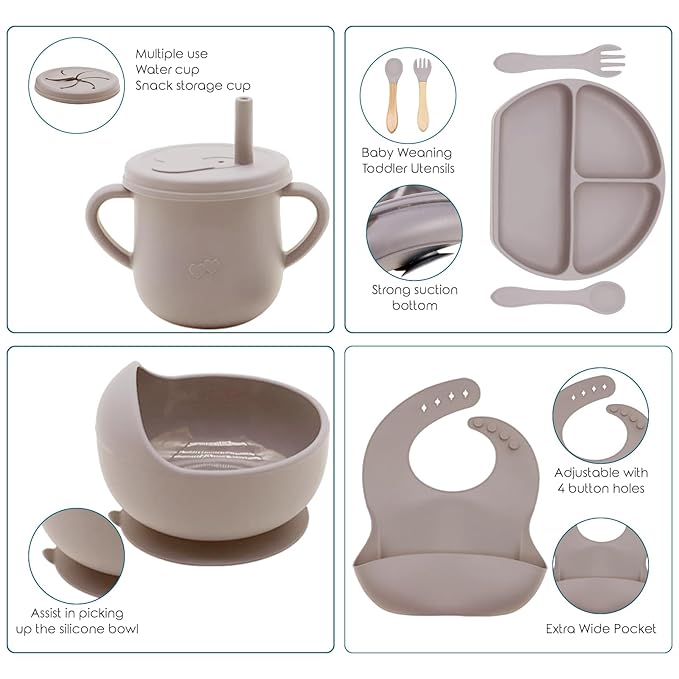 100% Silicone baby feeding set,BPA free Baby dishes set with Suction Bowl Divided Plate,Toddler Self Feeding Dish Set with Spoons Forks Sippy Cup And Bib, Baby Eating Utensils (Beige)