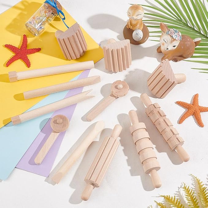 OLYCRAFT 12pcs Clay and Dough Tools Play Accessories Includes Rollers Hammer Party Pack Wood Pottery Tools Stamps for Clay Art DIY Crafts Art Craft Activity Supplies