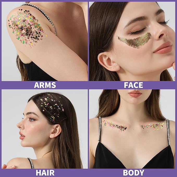 Teenitor Body Glitter Face Glitter, Gold Purple Green Mixed Festival Glitter, Hair Glitter Gel for Festival Rave