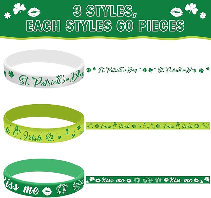 St. Patrick's Day Silicone Bracelet Green Shamrock Rubber Wristbands Bracelets Lucky Clover Silicone Bracelets for Irish Party Favor Supplies Decorations Gifts for Adult