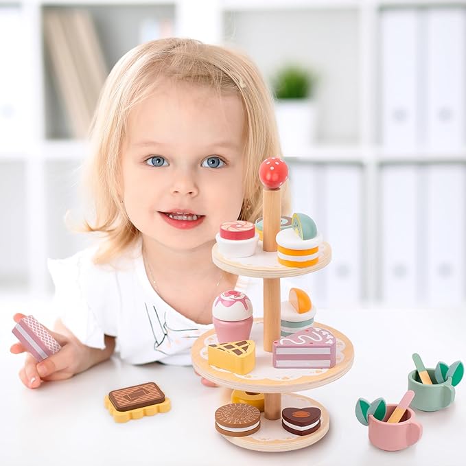 Wooden Tea Party Set, Tea Sets for Toddlers 3-5, Toddler Tea Set with Dessert Cookies & Cake Stand, Kids Tea Sets for Girls, Little Girl Tea Party Set Birthday