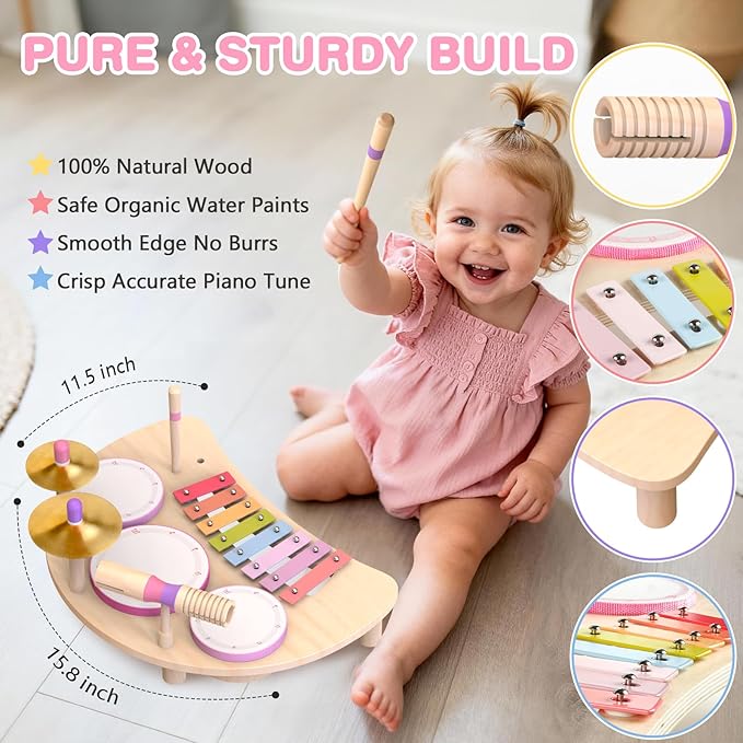 Kids Drum Set Montessori Musical Instruments for Toddlers 1-3, Wooden Baby Drum Kit with Xylophone, Preschool Music Toys for Early Learning, Educational Birthday Gift for Boys Girls (Pink)