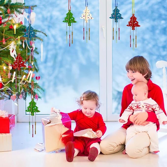 6 Pack Wind Chime Kit for Kids,Christmas Craft Kits DIY 3D Christmas Tree Wind Chime Unfinished Wooden Xmas Tree Ornaments for Boys Girls Activity Art Project Decor