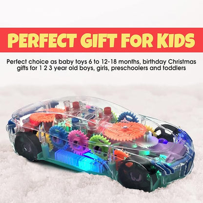 Transparent Sensory Gear Toy Car for Kids, Bump & Go Toy Car with Colorful Moving Gears, Music & LED Lights, Interactive Light Up Toys for Toddlers, Boys & Girls, Great Birthday Gift