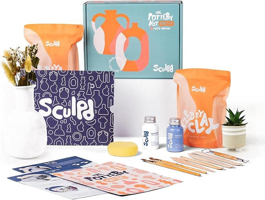 Sculpd Pottery Starter Kit - Complete Air Dry Clay Beginner Set for 2 Adults: Includes Sculpting Tools, Matte Varnish, Paint Brushes, Guide, Video Tutorials & More - Date Night Gift, Arts Crafts Hobby