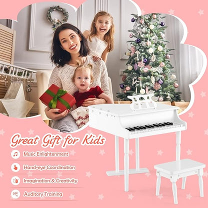 Goplus 30-Key Classical Kids Piano, Mini Grand Piano Wooden Learn-to-Play Musical Instrument Toy with Bench, Piano Lid, Music Rack, Gift for Boys Girls Aged 2+ Baby Toddler(3 Straight Leg-White)