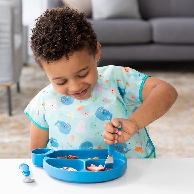 Bumkins Toddler Utensils, Kids Size Fork and Spoon Set, Silicone and Stainless-Steel Training Silverware, Angled Forks / Sporks for Self-Feeding, Children Hold Learning to Eat, 18 Mos Up, Dark Blue