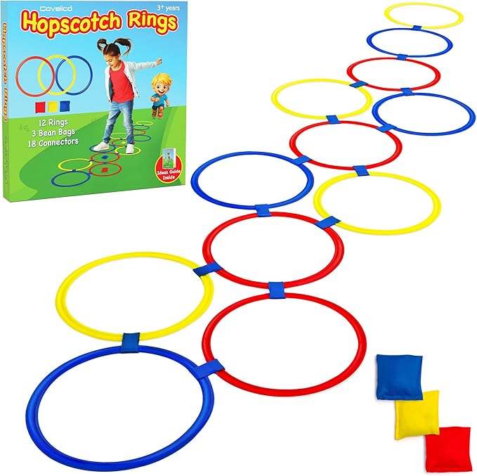 Hopscotch Rings, 12 x 11 Inch Rings & 3 Bean Bags, Play Hopscotch Outdoor & Indoor Obstacle Course for Kids 3-5, Recess Toys & Physical Education Equipment, Gross Motor Games PE Equipment