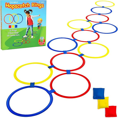 Hopscotch Rings, 12 x 11 Inch Rings & 3 Bean Bags, Play Hopscotch Outdoor & Indoor Obstacle Course for Kids 3-5, Recess Toys & Physical Education Equipment, Gross Motor Games PE Equipment
